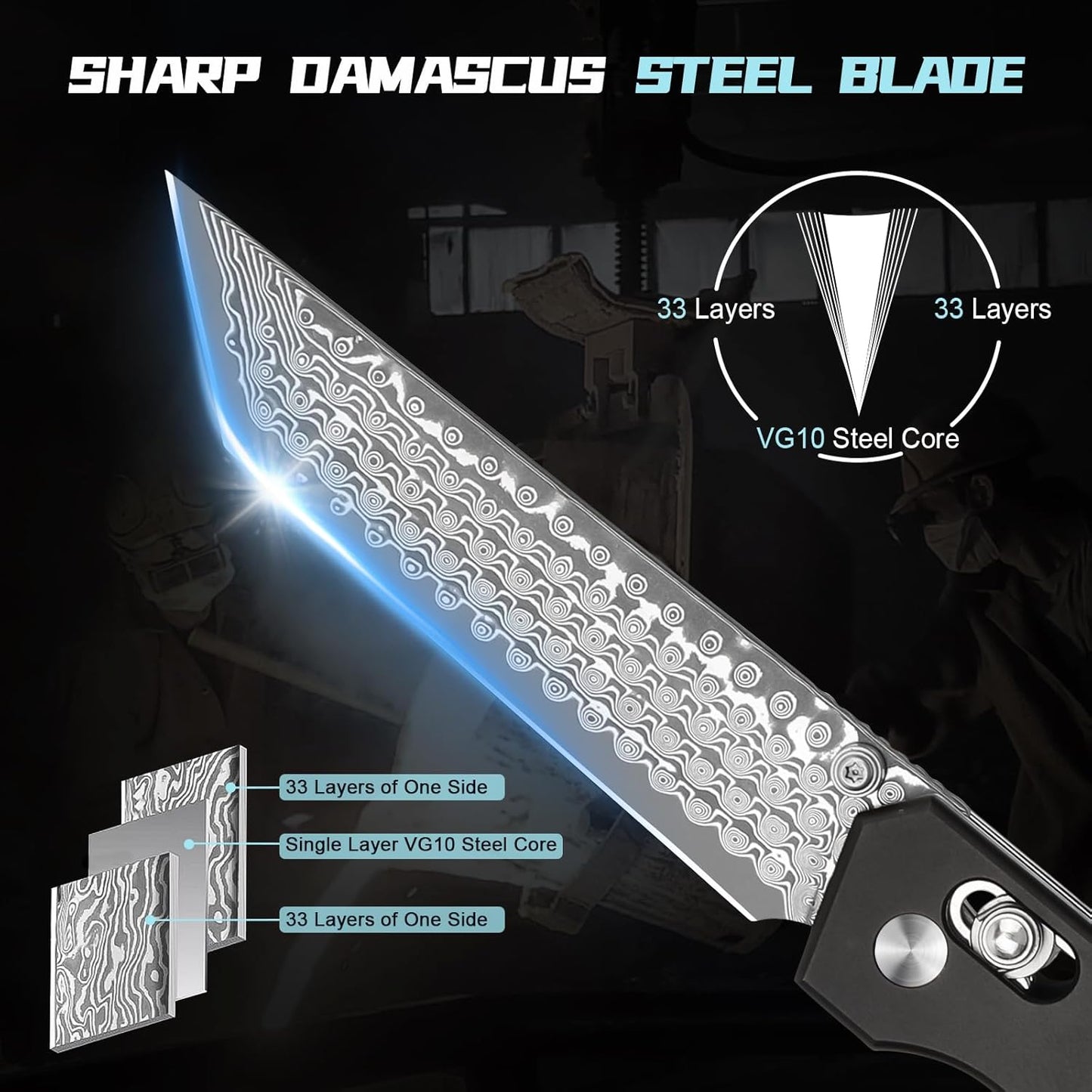 AUBEY Damascus Pocket Knife with Clip, Sharp Tanto Blade with VG10 Core Folding Knife with Abalone Shell Handle and Glass Breaker, EDC Camping Knife for Gift Survival Collection