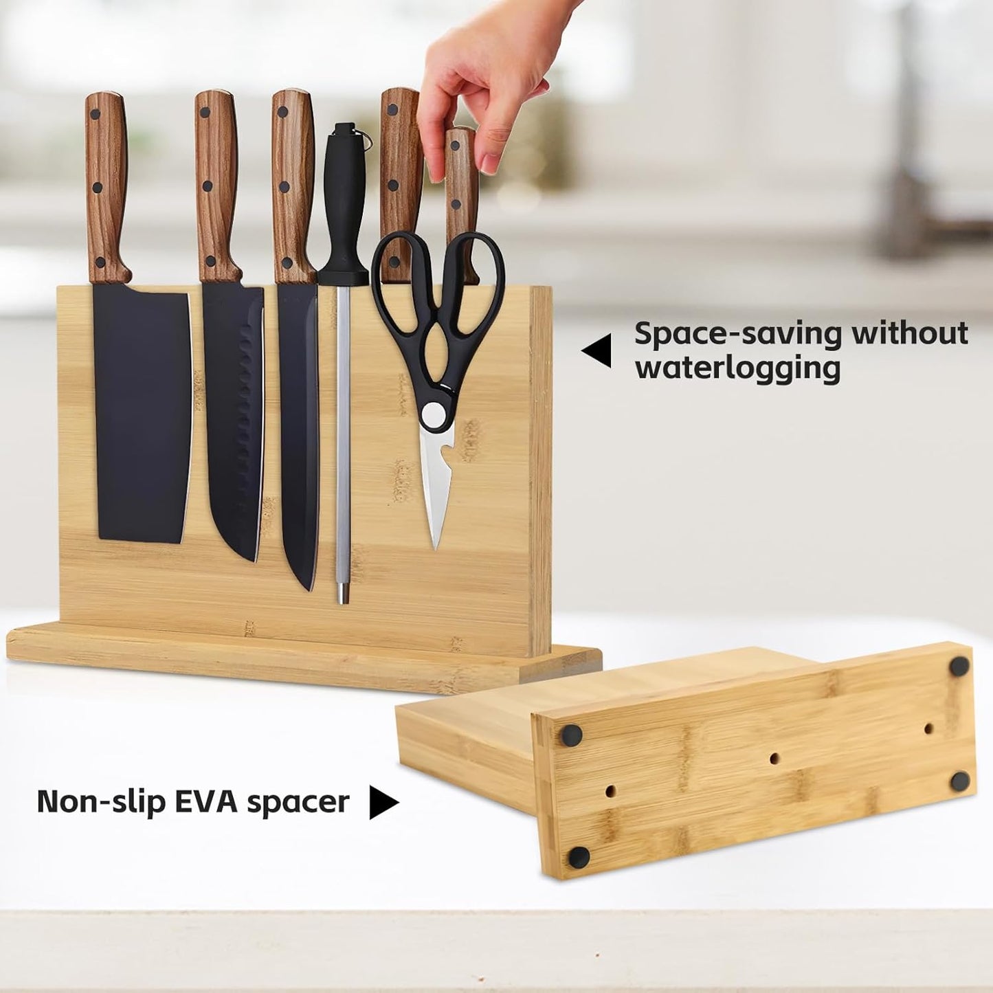 Double Sided Magnetic Knife Stand with sharpener,Kitchen Storage with Strong Magnets for Knives & Utensils,Modern Wooden Knife Block for Kitchen Countertops, Without Knives,14"x10"