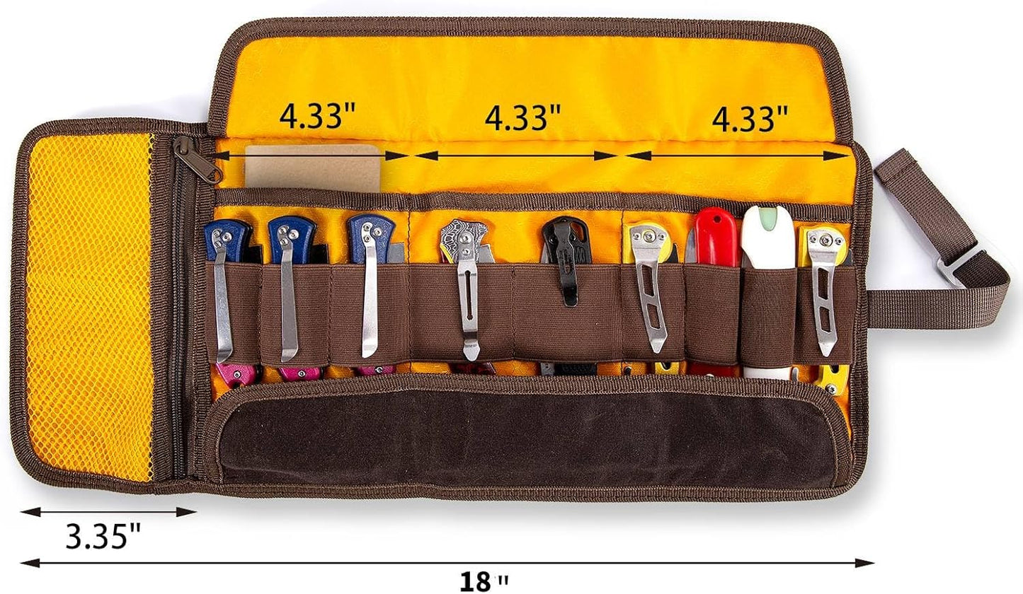 Pocket Knife Display Case | EDC Roll-Up Tool Bag, Folding Knives Roll Bag Organizer for Notebook Lovers | Multi-Pocket with Elastic Loops, Storage knifes Pouch for Camping and Outdoor Use