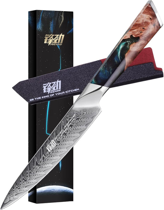 FINDKING Nebula Series Kitchen Utility Knife with ABS Sheath, Versatile Small Petty Knife, 10Cr15CoMov Damascus Blade, Resin and Figured Sycamore Handle, Full Tang, 5 Inch, Red, for Fruit, Steak