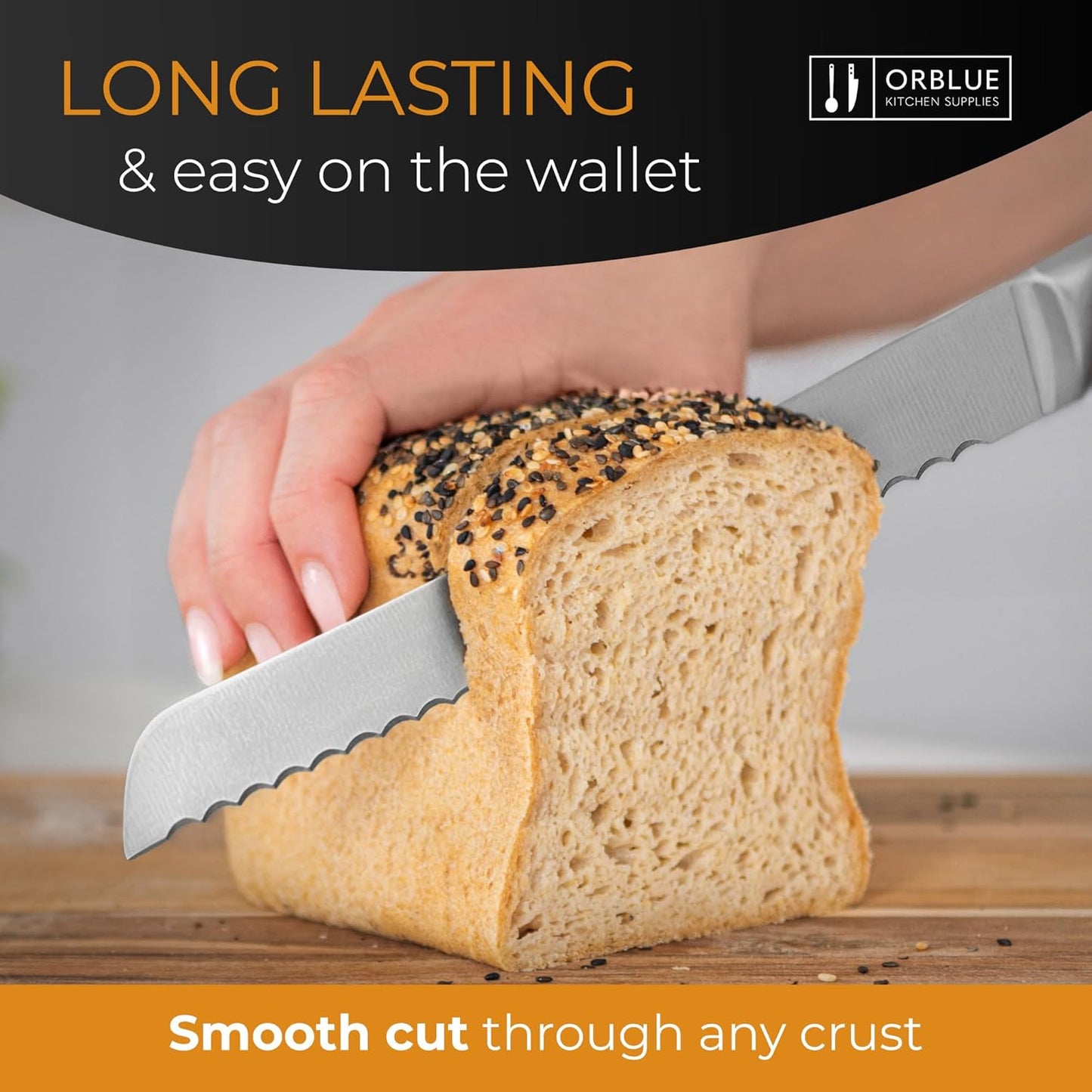 Orblue Serrated Bread Knife Ultra-Sharp Stainless Steel Professional Grade Bread Cutter - Cuts Thick Loaves Effortlessly - (8-Inch Blade with 5-Inch Handle), Blue