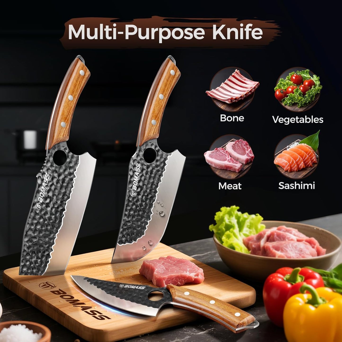 Butcher Knife for Cutting Set of 3, Hand Forged Meat Cleaver Knife for Cooking, High Carbon Kitchen Knife & Serbian Chef Knife & Boning Knife for Home, Outdoor Camping, BBQ, Gift for Men