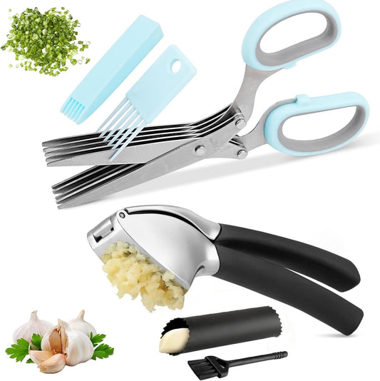 Garlic Press & Herb Scissors Set, 6 Pcs Kitchen Gadgets With Garlic Mincer & Kitchen Scissors for Herbs, Professional 5-Blade Kitchen Shears Garlic Press Tool Silicone Garlic Peeler & Brush