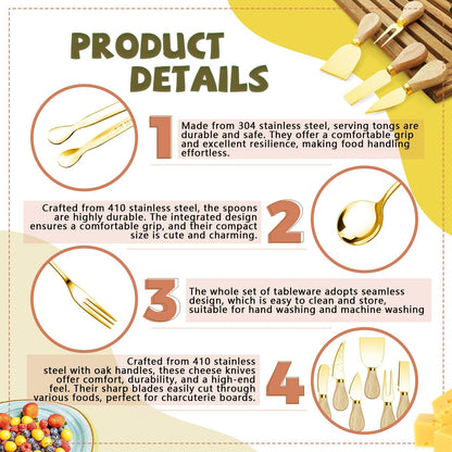Charcuterie Boards Accessories Gold Charcuterie Utensils Cheese Butter Spreader Knife Set with Wooden Handles Small Serving Tongs Mini Forks and Spoons Flags Toothpick for Party Platter Appetizers