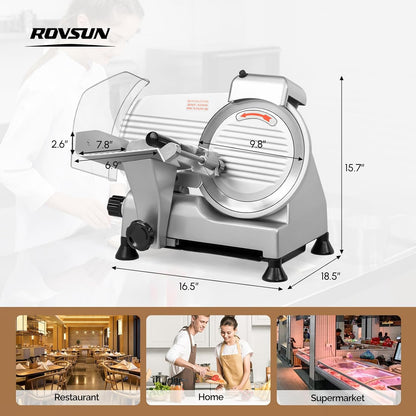 ROVUN 8 inch Commercial Meat Slicer, Electric Food Slicer, 210W Frozen Meat Deli Slicer, 0-13mm Adjustable Thickness, Chromium-Plated Steel Blade for Home and Commercial