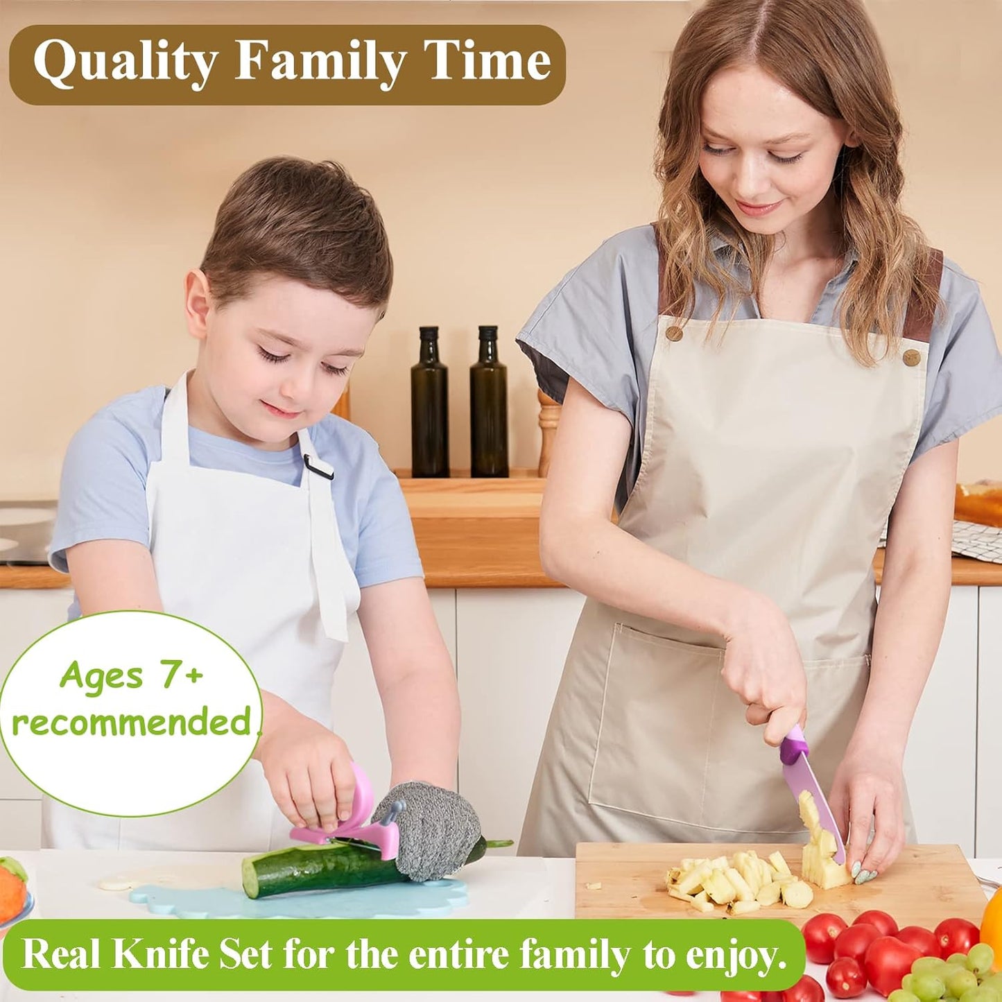 Kibbidea Kids Knife Set for Real Cooking, 4-Piece Stainless Steel Kids Chef's Knives with Peeler, Finger Guard, Protective Glove for Cutting Peeling, Kitchen Knives for Teenager 8-12 (Purple)