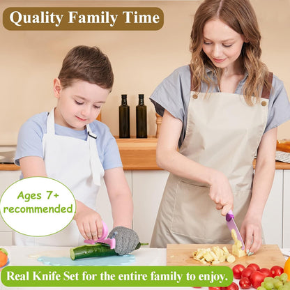 Kibbidea Kids Knife Set for Real Cooking, 4-Piece Stainless Steel Kids Chef's Knives with Peeler, Finger Guard, Protective Glove for Cutting Peeling, Kitchen Knives for Teenager 8-12 (Purple)