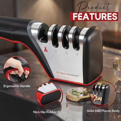 4-in-1 Knife Sharpener with Handle, Manual Kitchen Knife & Scissors Sharpener, 3-Stage Edge Tool for Steel Blades (Red)