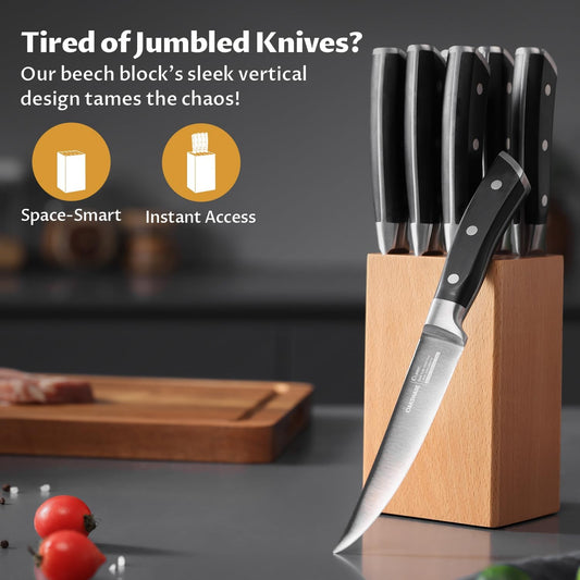 Steak Knives Set of 8, 5 Inch Non Serrated Steak Knife with Walnut Block, Razor-Sharp German Stainless Steel Dinner Knives, Durable Full Tang Forged Straight Edge Meat Knife for Home Dining&Gift