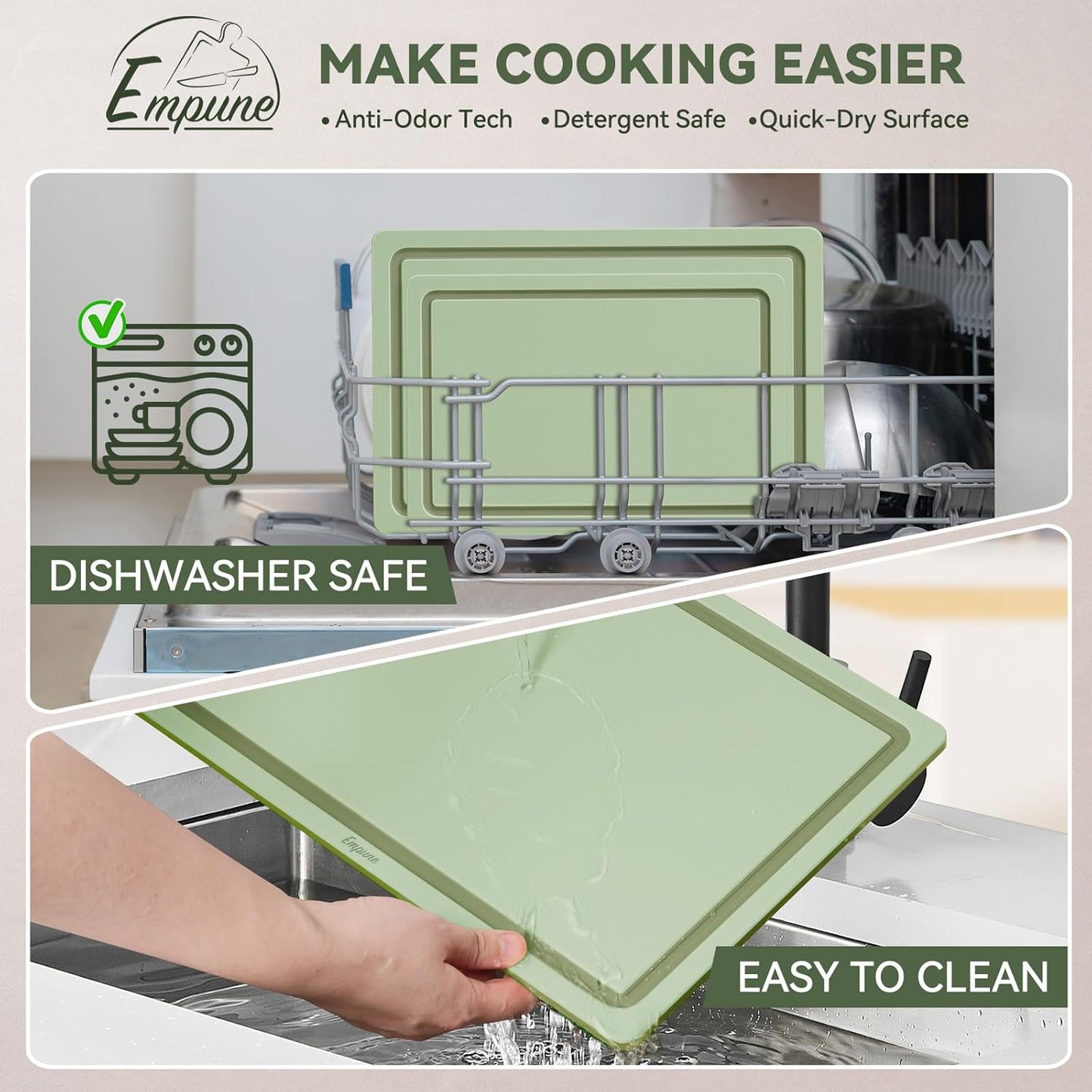 Empune 3-Piece Plastic Cutting Boards for Kitchen - Thick & Non-Slip Chopping Board Set with Juice Grooves, Dishwasher Safe, BPA Free, Includes Large & Small Sizes, Gray