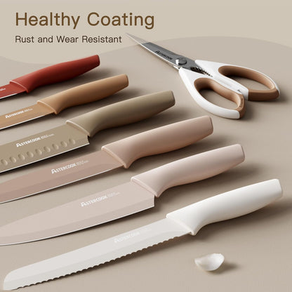 Astercook Knife Set, 13 Pieces Kitchen Knives Set with Healthy Anti-Rust Coating, Dishwasher Safe, Stainless Steel Chef Knife Sets with 6 Blade Guards, Perfect Holiday Gifts for Kitchen Morandi