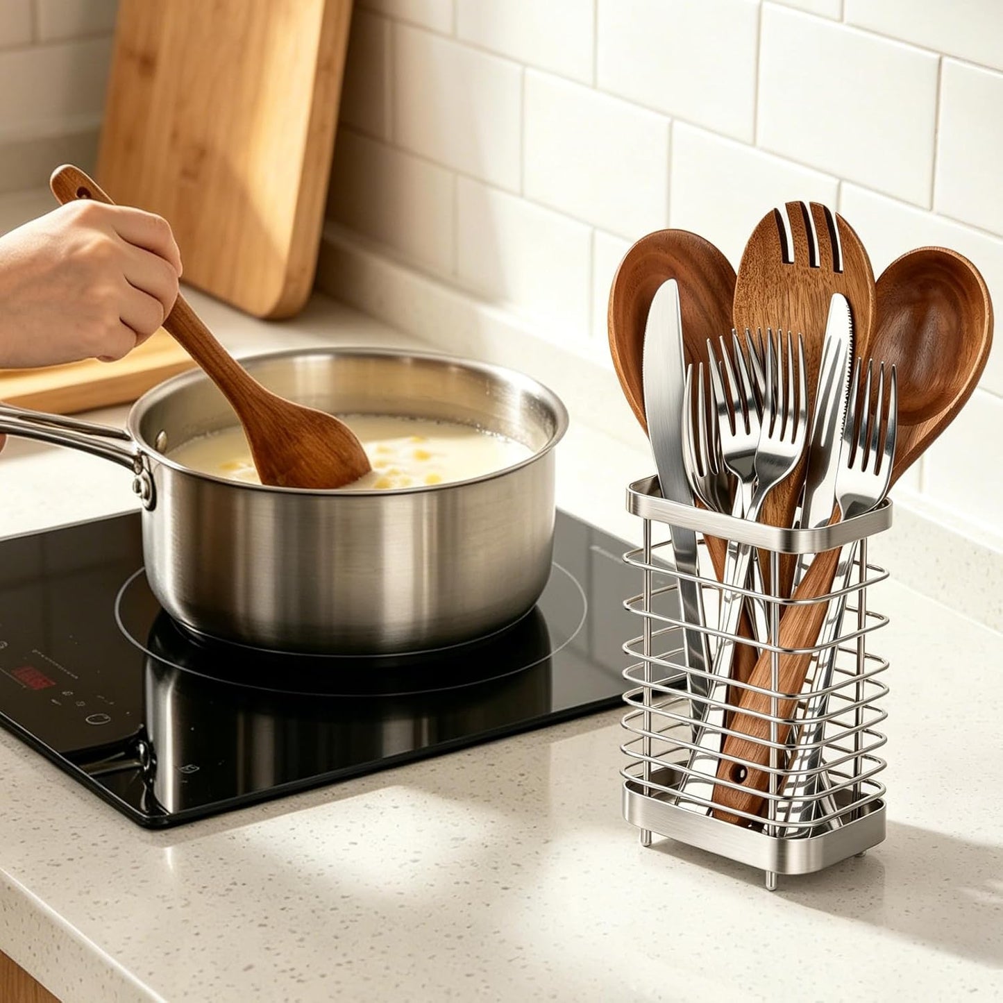 Utensil Holder, Stainless Steel Utensil Drying Rack for Kitchen Counter, Silverware Cutlery Flatware Holder Forks, Knives, Spoons, Chopsticks Organizer (Silver)
