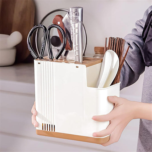 Universal Knife Block Holder for Kitchen, Space Saving, Versatile Cutter Stand with Scissors Slot, Compartment Design, Modern Knife Utensil Holder, Edge-Protect Knife Storage Organizer (GY)