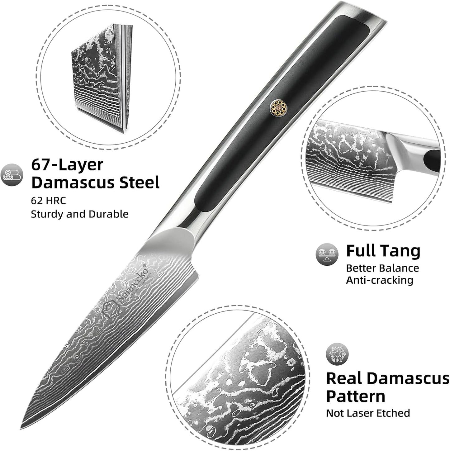 Sunnecko 3.5 Inch Paring Knife, 67-Layer Damascus Steel VG-10 Blade, Small Fruit Slicer with Inlaid Handle, Multi-purpose Peeling & Petty Cutter for Vegetables