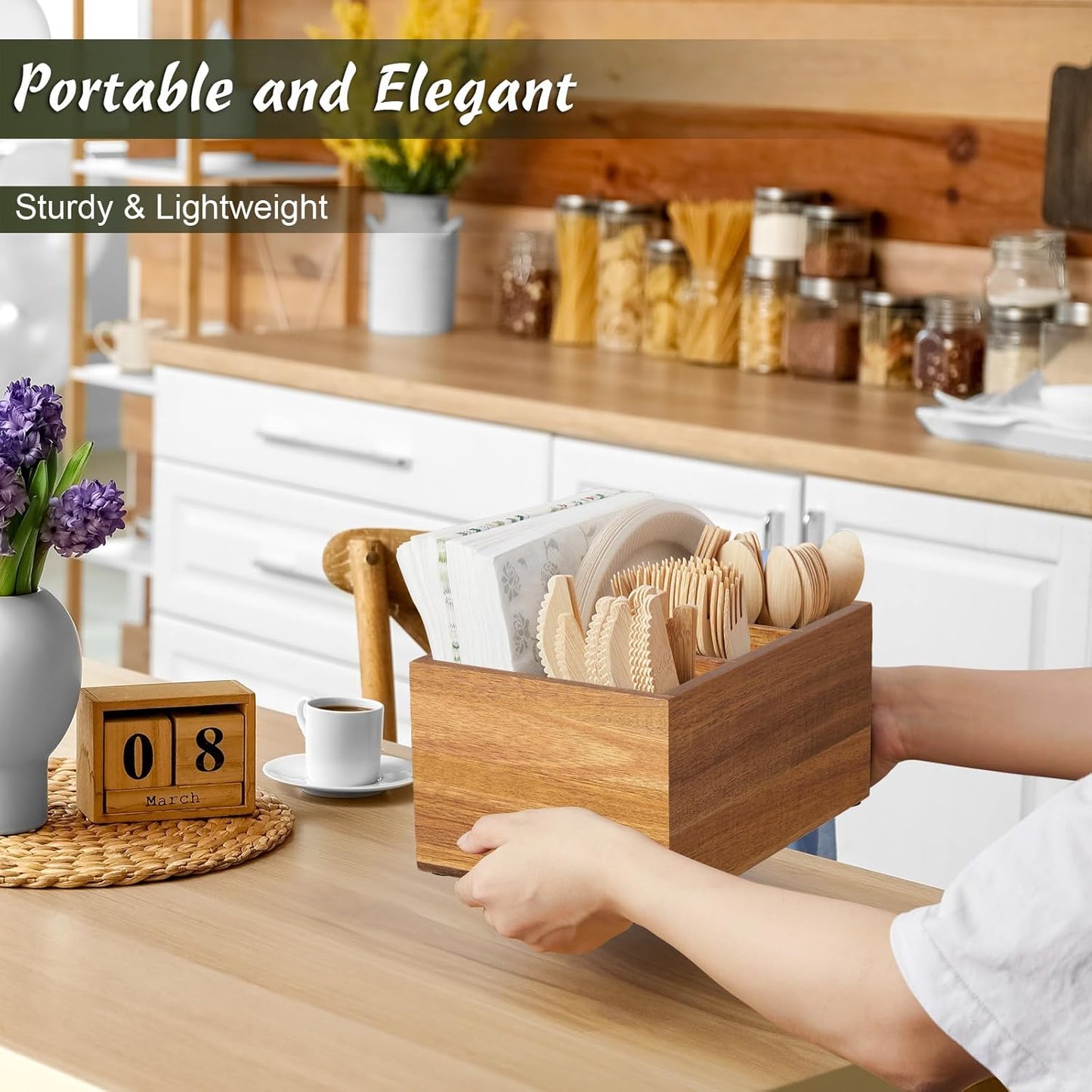 DRASTAR Utensil Holder, Wooden Silverware Caddy, Picnic Cutlery Organizer, Countertop Silverware Holder for Party, Pink