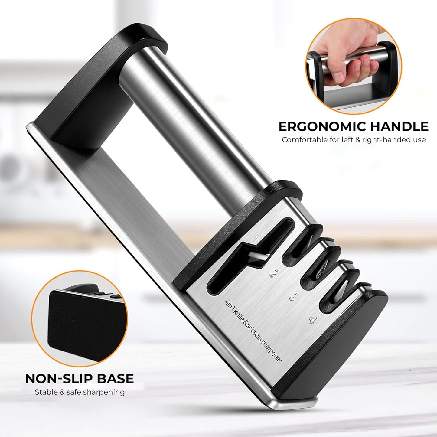 4-in-1 Knife & Scissors Sharpener, Manual, Stainless Steel with Ceramic Grit, Non-Slip Base, ABS Plastic
