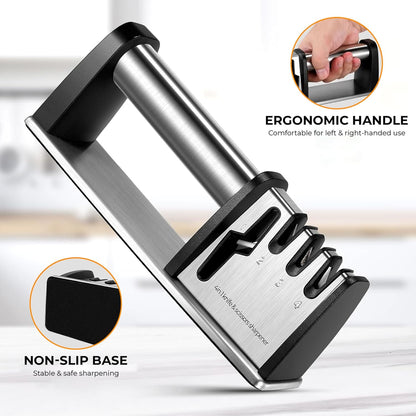 4-in-1 Knife & Scissors Sharpener, Manual, Stainless Steel with Ceramic Grit, Non-Slip Base, ABS Plastic