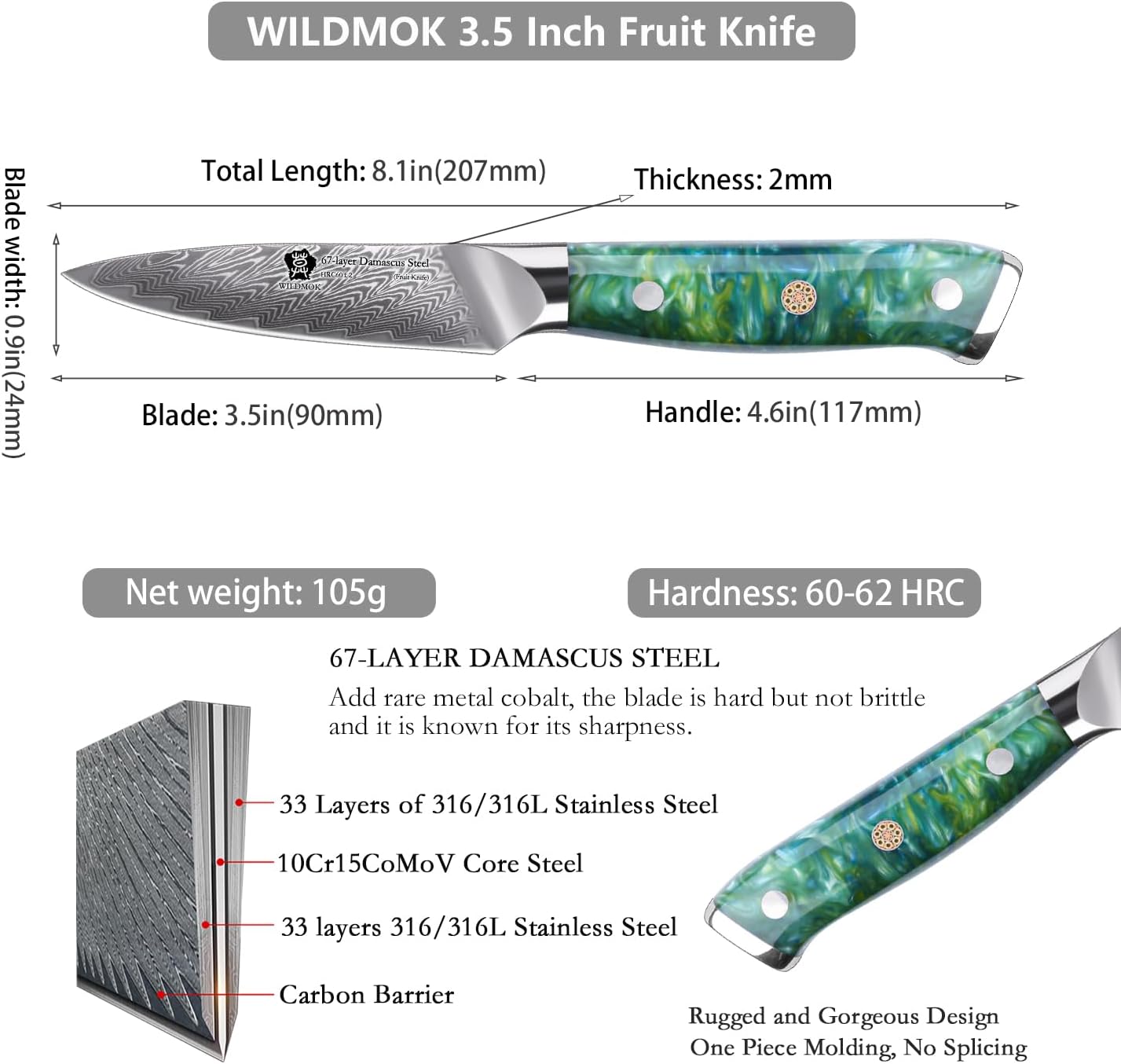 WILDMOK Paring Knife 3.5 Inch, Japanese Damascus Fruit Knife, Small peeling knife Perfect for Cutting Fruit Vegetables Petty Knife