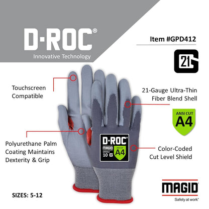 MAGID ROC 21G Ultra-Thin Polyurethane ANSI A4 Coated Work Glove, 1 Pair, Size 8/M, GPD412