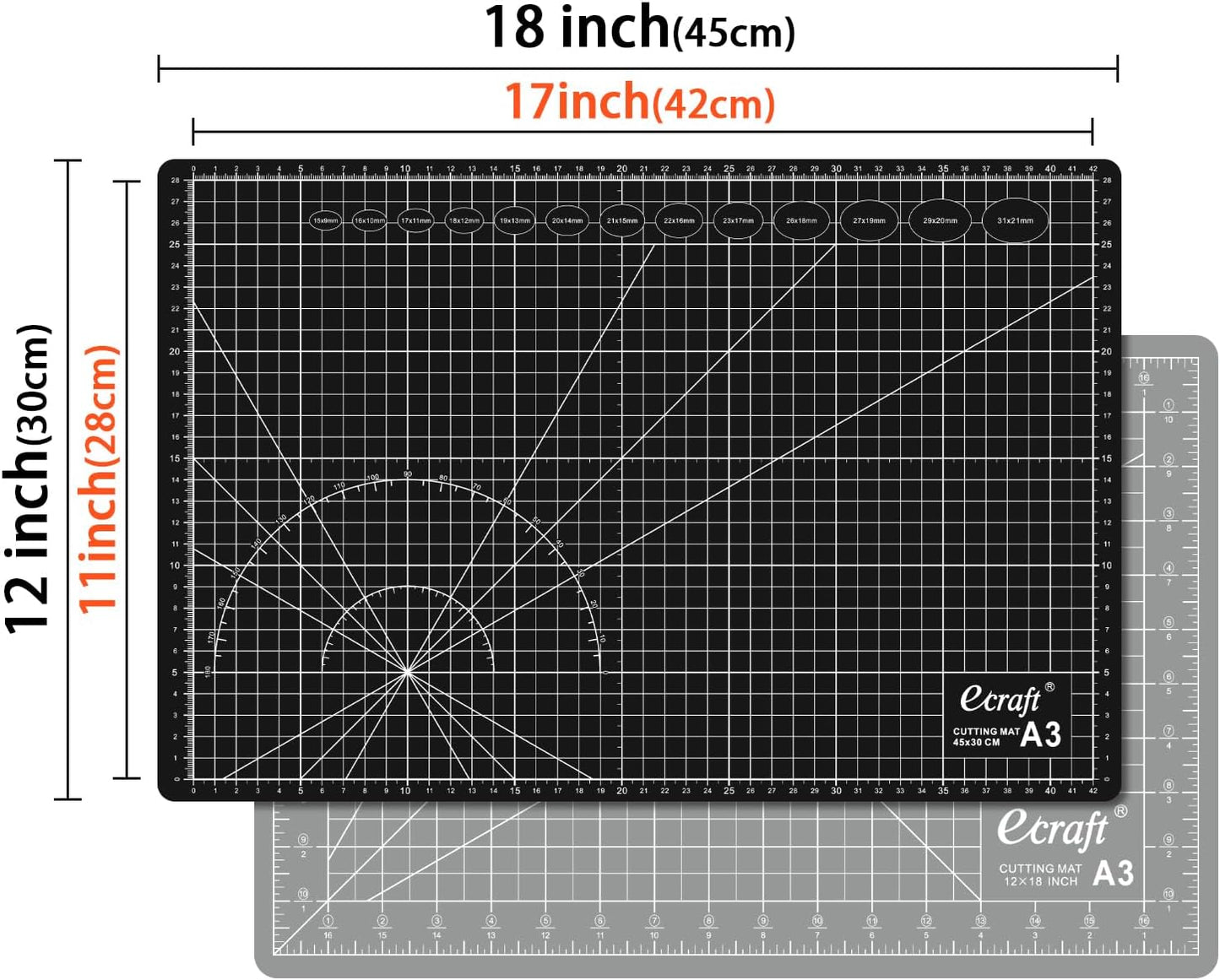 Ecraft Self Healing Cutting Mat 18x12 Inch A3, 5-Ply Double Sided Rotary Cutting Board with Grid, Grey/Black for Sewing, Quilting, Fabric & Craft Projects