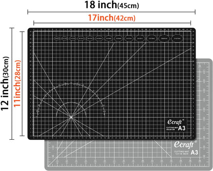 Ecraft Self Healing Cutting Mat 18x12 Inch A3, 5-Ply Double Sided Rotary Cutting Board with Grid, Grey/Black for Sewing, Quilting, Fabric & Craft Projects