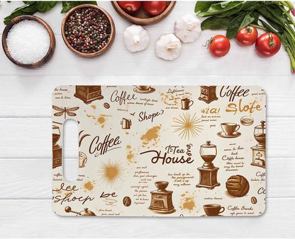 Coffee Set Cutting Board with Handles Coffee Maker Muffin Cup Flower Hot Drink Love Cutting Boards Plastic Safe Chopping Board for Kitchen 16" x 10" x 0.24"