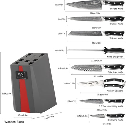 NANFANG BROTHERS Knife Sets for Kitchen with Block, Damasucs Kitchen Knife Sets 9 Pieces with Ergonomic Triple Rivet Handle, Kitchen Knives for Chopping, Slicing, Dicing & Cutting