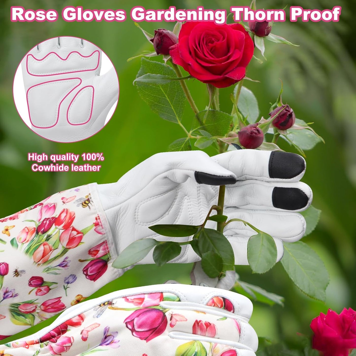 DLY Gardening Gloves for Women, Rose Gloves Gardening Thorn Proof, Long Garden Gloves for Women, Breathable Cowhide Leather Gauntlet (Medium, Blue)