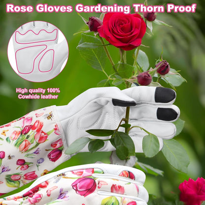 DLY Gardening Gloves for Women, Rose Gloves Gardening Thorn Proof, Long Garden Gloves for Women, Breathable Cowhide Leather Gauntlet (Medium, Blue)