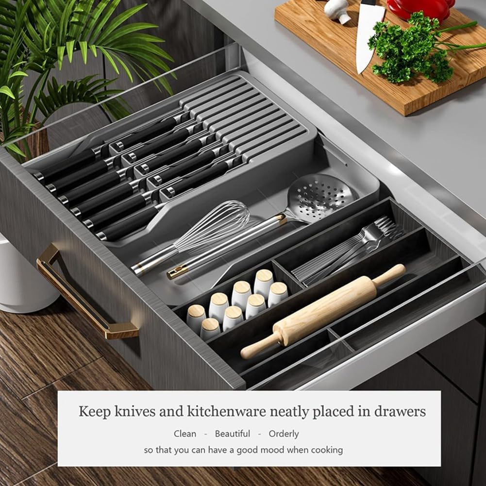 Knife Holder, in Drawer Knife Block Holder with Expandable Cutlery Tray Kitchen Drawer Organizer Insert-Holds 11 Knive