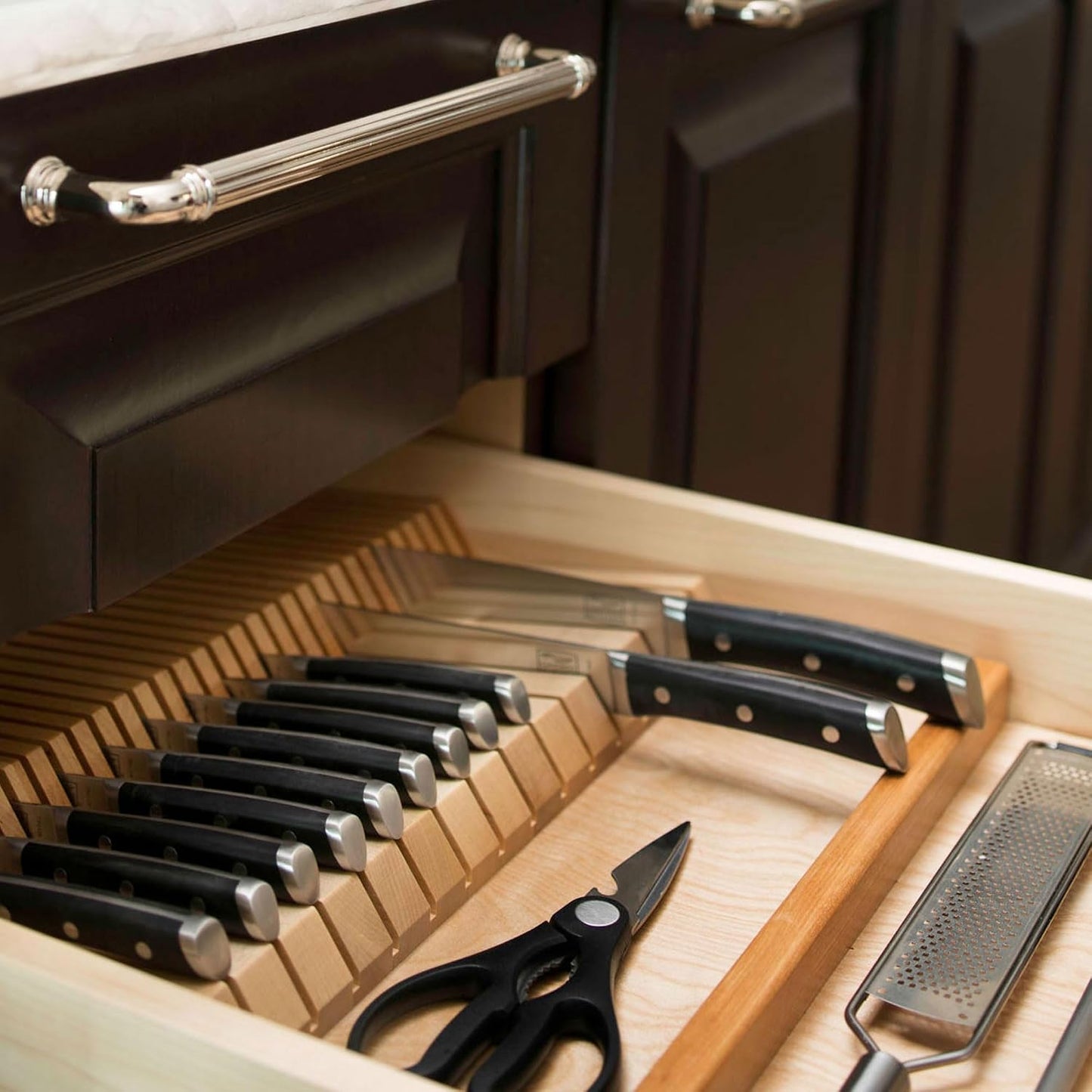 Rev-A-Shelf Dual Row Trim-to-Custom Fit Knife Block Drawer Organizer with Storage Holder for Kitchen Utensils, 55 Slot Cutlery Tray, Wood, 4WDKB-1