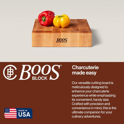 John Boos CCB Series Square Wooden Maple Cutting Board 12”x12” – 3” Thick, 13-lb Reversible Butcher Block with End-Grain & Finger Grips – Made in the USA