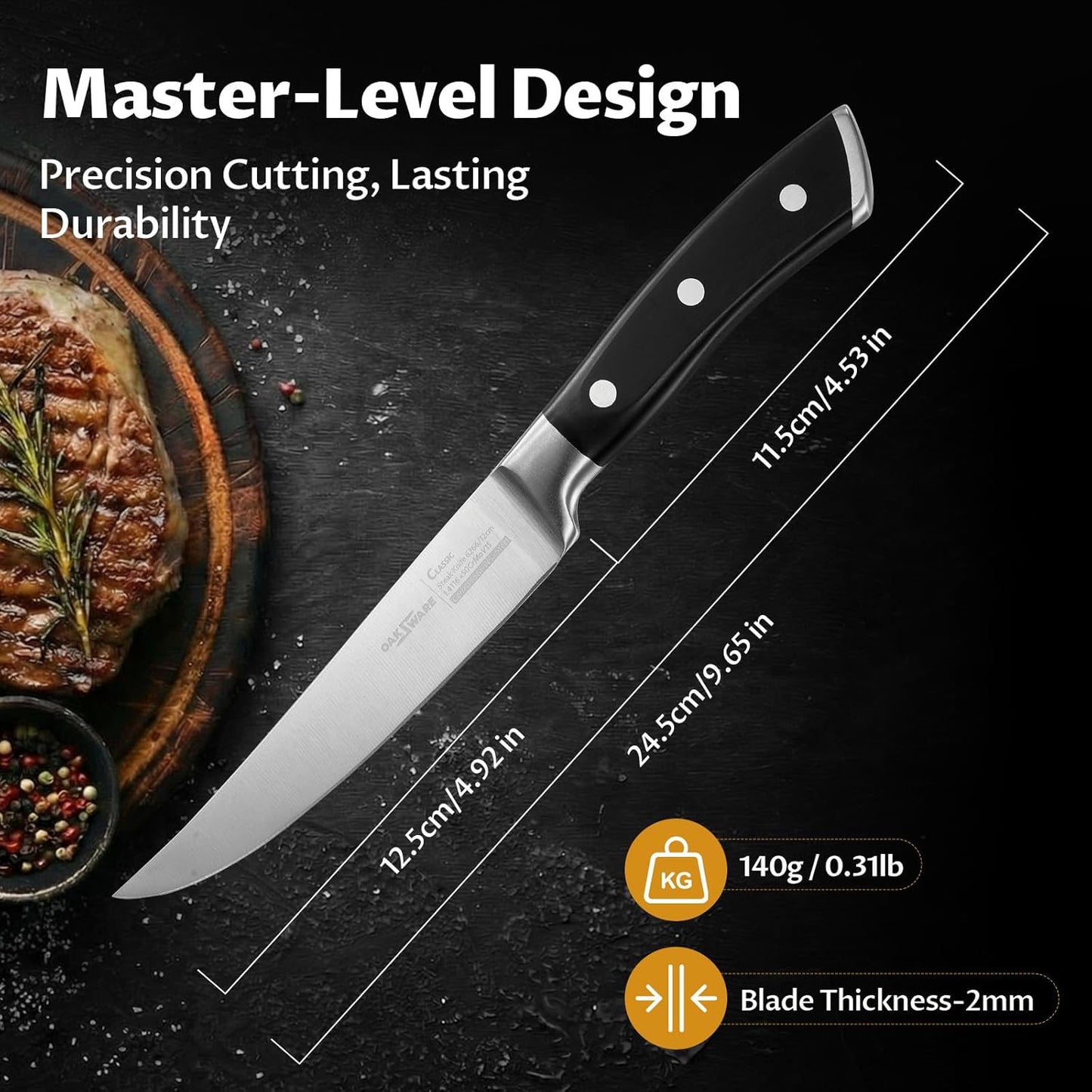 Steak Knives Set of 8, 5 Inch Non Serrated Steak Knife with Walnut Block, Razor-Sharp German Stainless Steel Dinner Knives, Durable Full Tang Forged Straight Edge Meat Knife for Home Dining&Gift