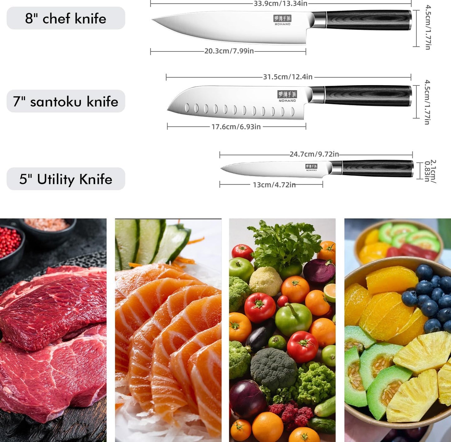 MDHAND Kitchen Knife Set, 7 Pieces Ultra Sharp Japanese Knife Set, High Carbon Stainless Steel Professional Chef Knives Set with Black Pakkawood Handle for Home Cooking, Dishwasher Safe