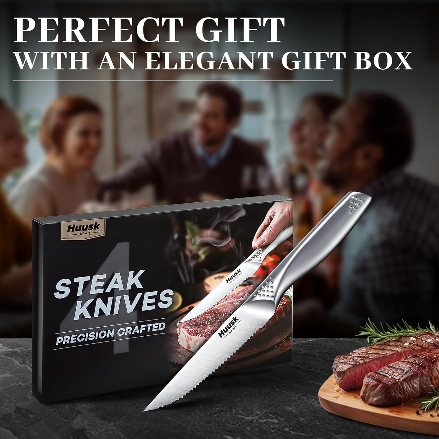 Huusk Steak Knives Set of 6-4.5 Inch Serrated Dinner Knife with Gift Box, One-Piece Stainless Steel Dinnerware Design with Ergonomic Metallic Handle, Silver Stake Knife Set for Culinary BBQ