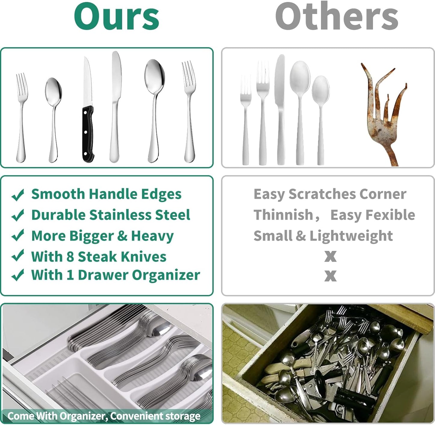 JUNLIN 49 Pieces Black Silverware Set with Steak Knives, Stainless Steel Silverware with Organizer Flatware Utensils Set for 8, Forks and Spoons Silverware Set Cutlery Set