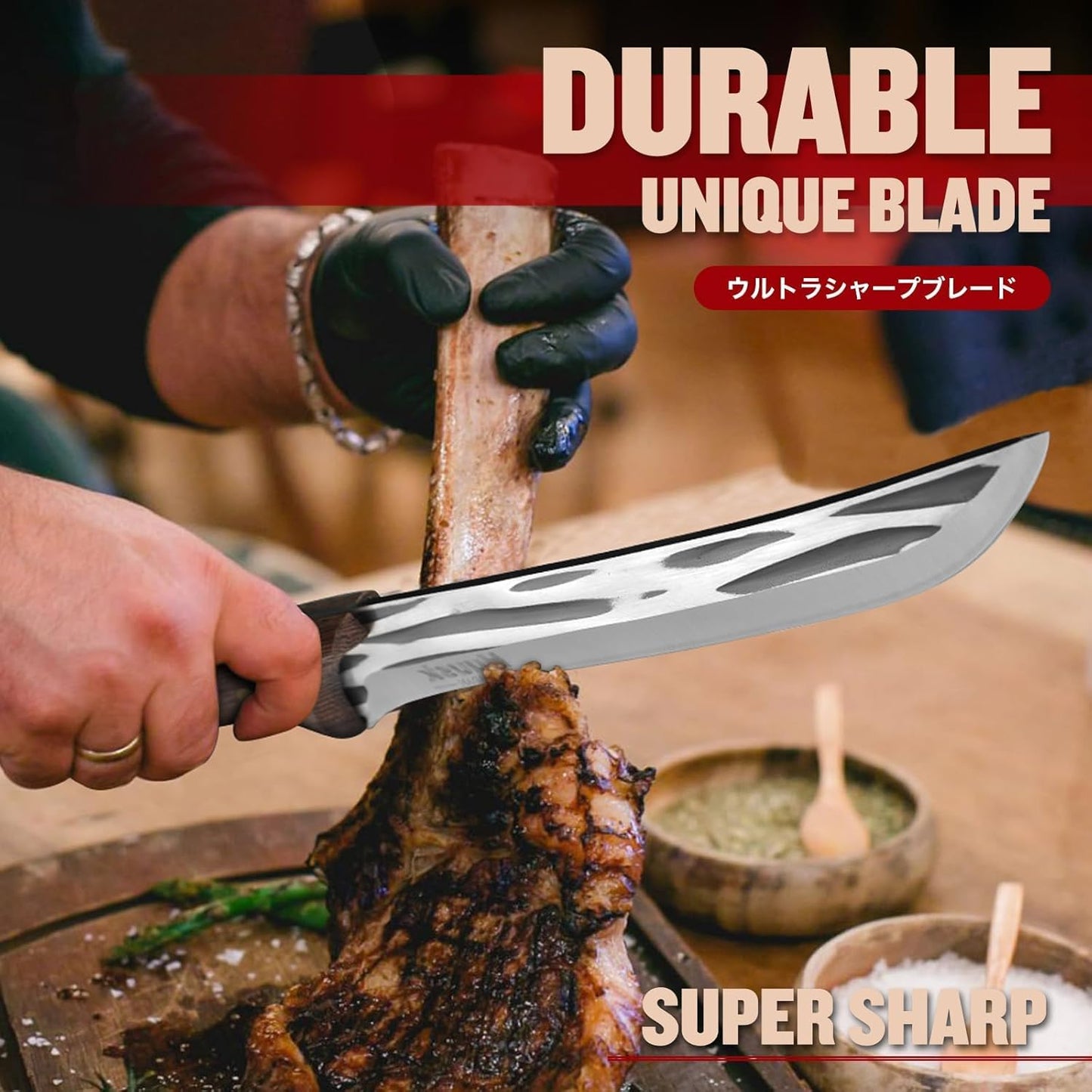Huusk Viking Knife with Sheath - Hand Forged Butcher Knife for Meat Cutting - High Carbon Steel Meat Knives- Multipurpose Japanese Chef Knives for Camping, Outdoor, BBQ, Gift for Men and Women