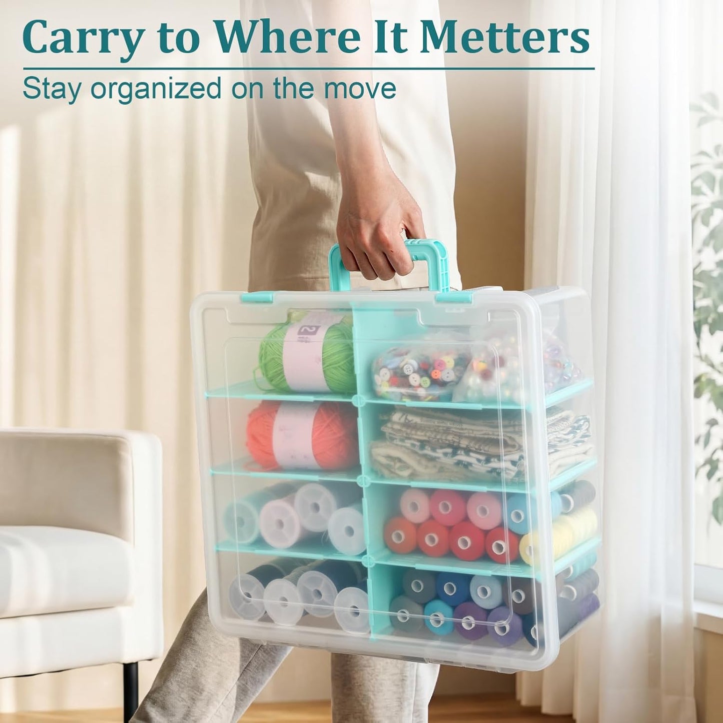 BTSKY Clear Plastic Dividing Storage Box with 4 Compartments Adjustable Storage Bin with Lid Plastic Craft Storage Container Multipurpose Sewing Box Art Supply Organizer, 13.3x8.1x3.4 Inches