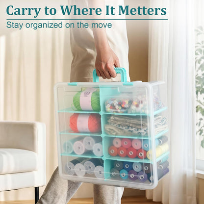 BTSKY Clear Plastic Dividing Storage Box with 4 Compartments Adjustable Storage Bin with Lid Plastic Craft Storage Container Multipurpose Sewing Box Art Supply Organizer, 13.3x8.1x3.4 Inches