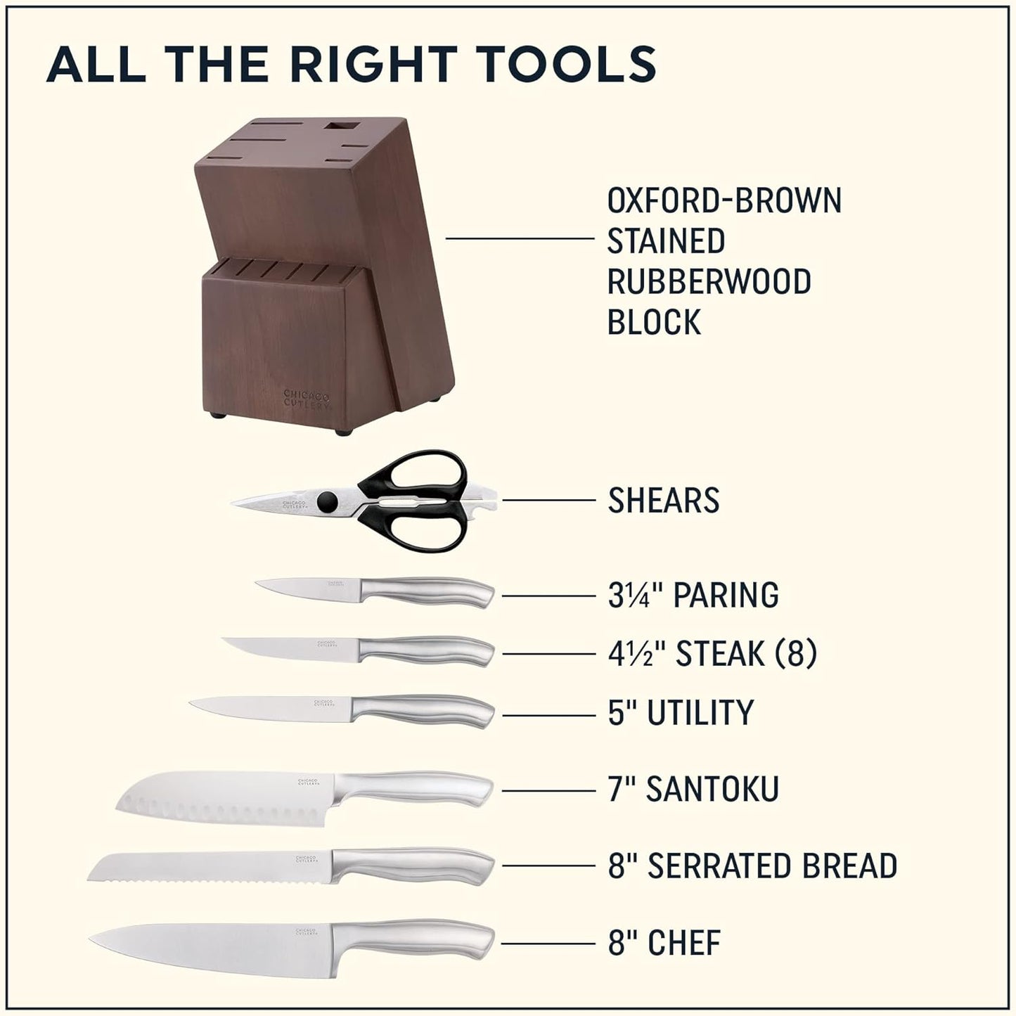 Chicago Cutlery Insignia Steel (18-PC) Kitchen Knife Block Set & Built-In Sharpener, Contoured Ergonomic Handles and Sharp Stainless Steel Professional Chef Knife Set & Scissors With Bottle Opener