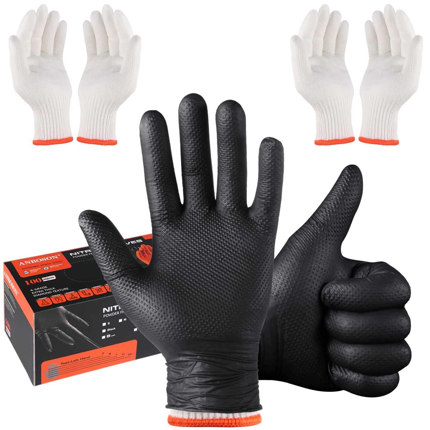 ANBOSON BBQ Gloves Disposable-Heat Resistant Cooking & Grilling Gloves Set (100 Black Nitrile, 4 Cotton Liners)-10Mil Heavy Duty Meat Handling Smoker Accessories for Hot Food Prep,Non-Slip Grip,Large