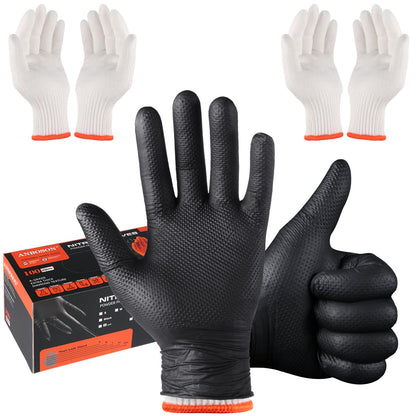 ANBOSON BBQ Gloves Disposable-Heat Resistant Cooking & Grilling Gloves Set (100 Black Nitrile, 4 Cotton Liners)-10Mil Heavy Duty Meat Handling Smoker Accessories for Hot Food Prep,Non-Slip Grip,Large