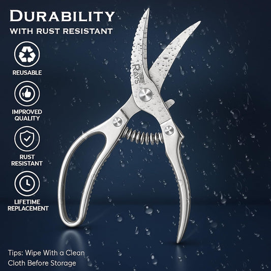 Heavy Duty Poultry Shears – Meat Shears with Non-Slip Handle | Kitchen Shears for Chicken, Turkey, Bone, Vegetables & Fish – Spring Loaded Spatchcocking Shears – Dishwasher Safe with Safety Lock