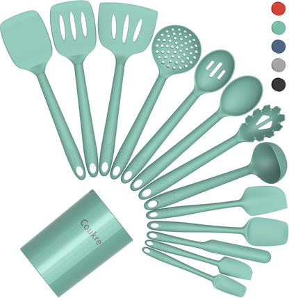 Coukre Silicone Kitchen Cooking Utensils Set with Holder – Heat-Resistant, Food-Grade Kitchen Tools, Spatula, Spoon & Gadgets for Non-Stick Pans, Dishwasher Safe (14, PureBlack)