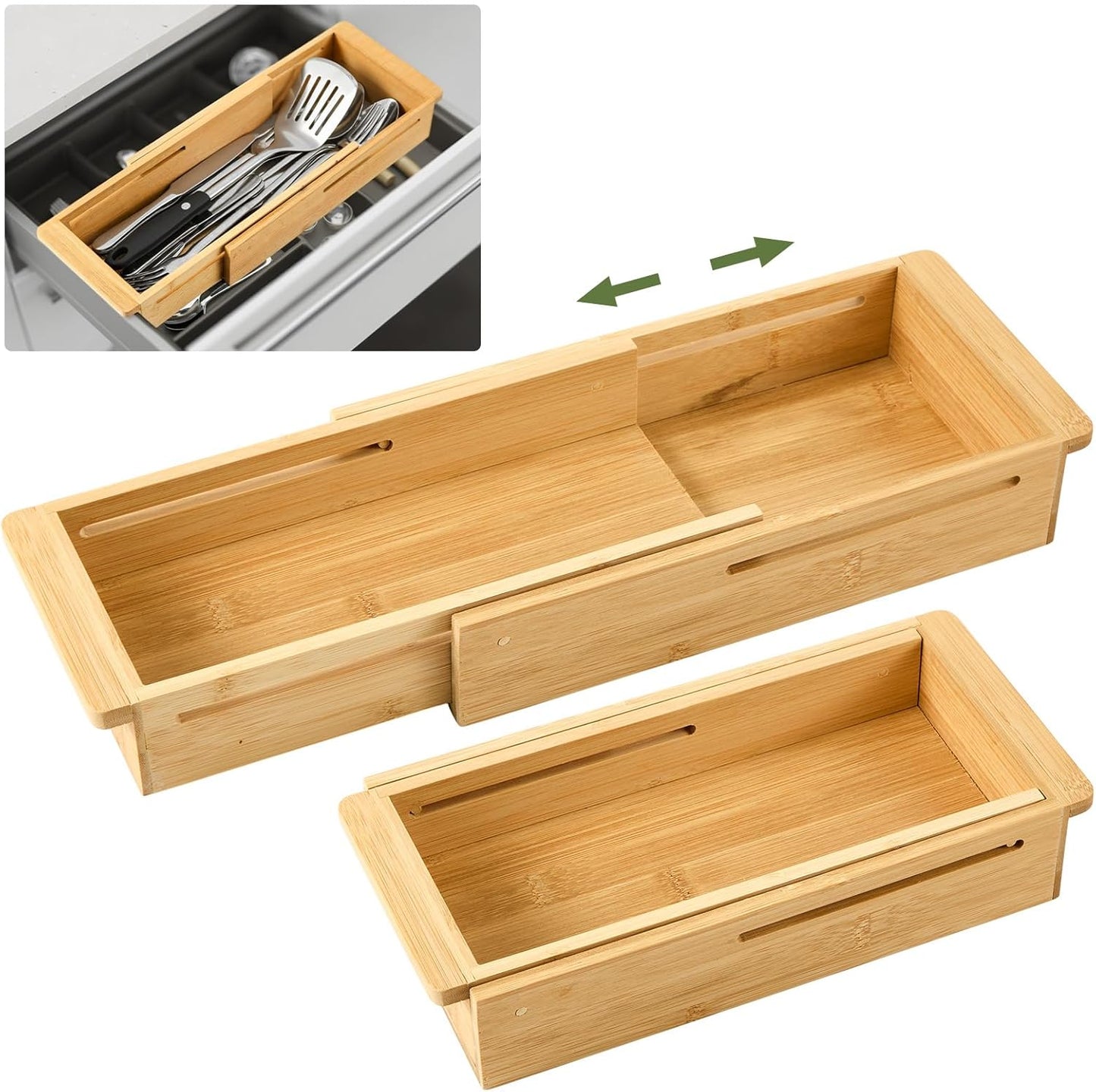 LemonRoad 1 Pcs Sliding Drawer Organizer Bin Bamboo Drawer Expandable Bins Utensil Organizer for Kitchen Spoons Forks Knives (Wood)
