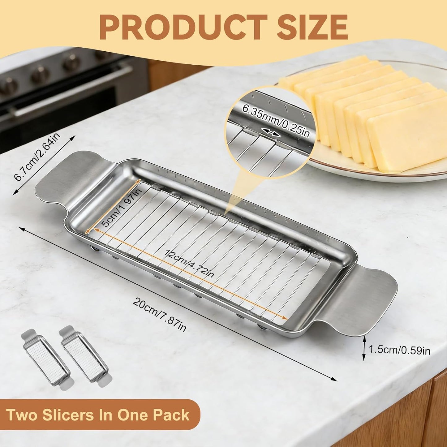 2 Pcs Butter & Cheese Slicer Cutter for Butter Squares and Block Cheese, Ergonomic Handheld Stainless Steel Wire Slicer for Cutting Butter and Soft Food