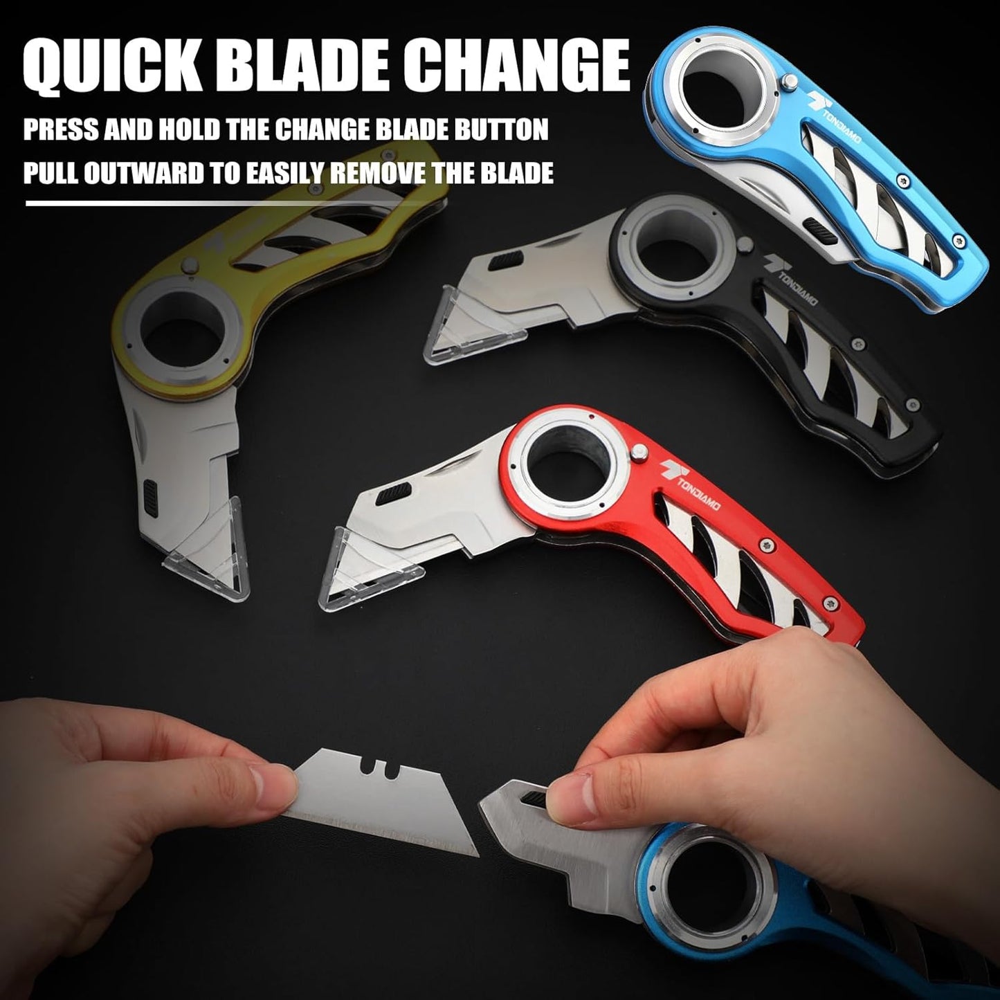 Tondiamo 4 Pcs Folding Pocket Utility Knife Heavy Duty Box Cutter Folding Razor Knife with Anti Slip Finger Loop Easy Change Blades 3 Lock Positions Design (Yellow,Red,Black,Green)