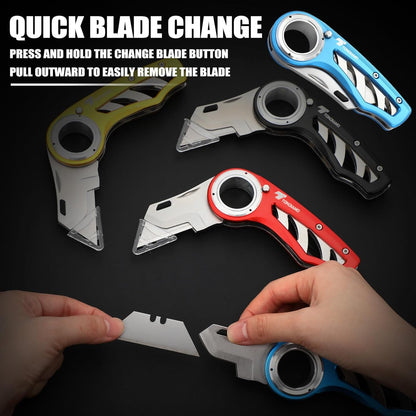 Tondiamo 4 Pcs Folding Pocket Utility Knife Heavy Duty Box Cutter Folding Razor Knife with Anti Slip Finger Loop Easy Change Blades 3 Lock Positions Design (Yellow,Red,Black,Green)