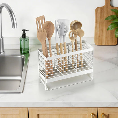 Utensil Holder, Upgrade Stainless Steel Utensil Drying Rack with Automatic Drain Tray for Kitchen Counter, Silverware Cutlery Organizer for Spoons, Forks, Knifes, Chopsticks (Black)