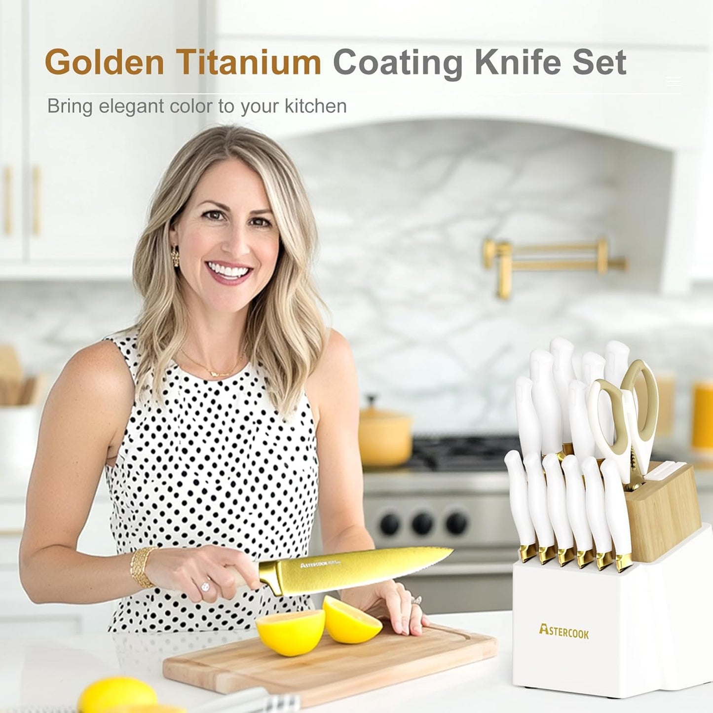 Astercook 15 Pieces Knife Set, Healthy Gold Titanium Coating Kitchen Knife Sets, Full Tang Knives Set with Block and Built-in Sharpener, German Stainless Steel Knife Block Set Dishwasher Safe Gold